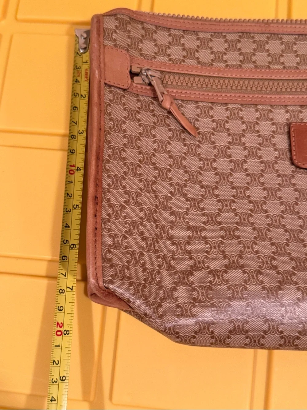 Vintage Celine Brown Large Monogram Cosmetic Pouch Bag COA